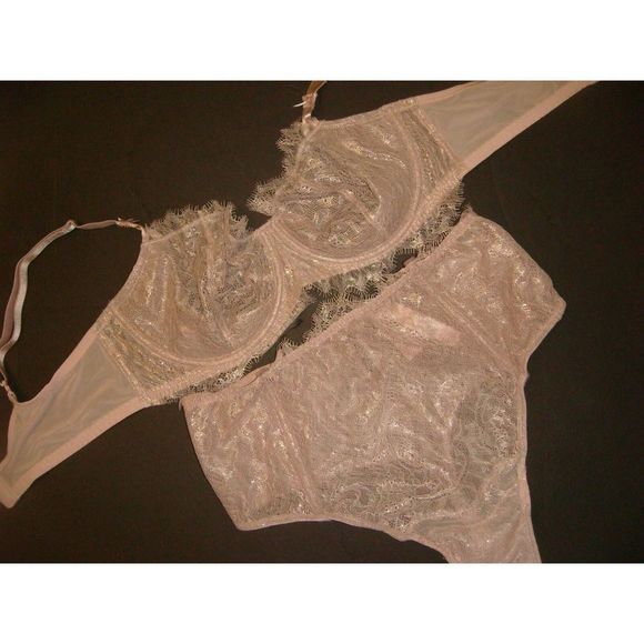 Victoria's Secret unlined 36D BRA SET thong taupe PINK gold foil lace VERY SEXY - Picture 5 of 7
